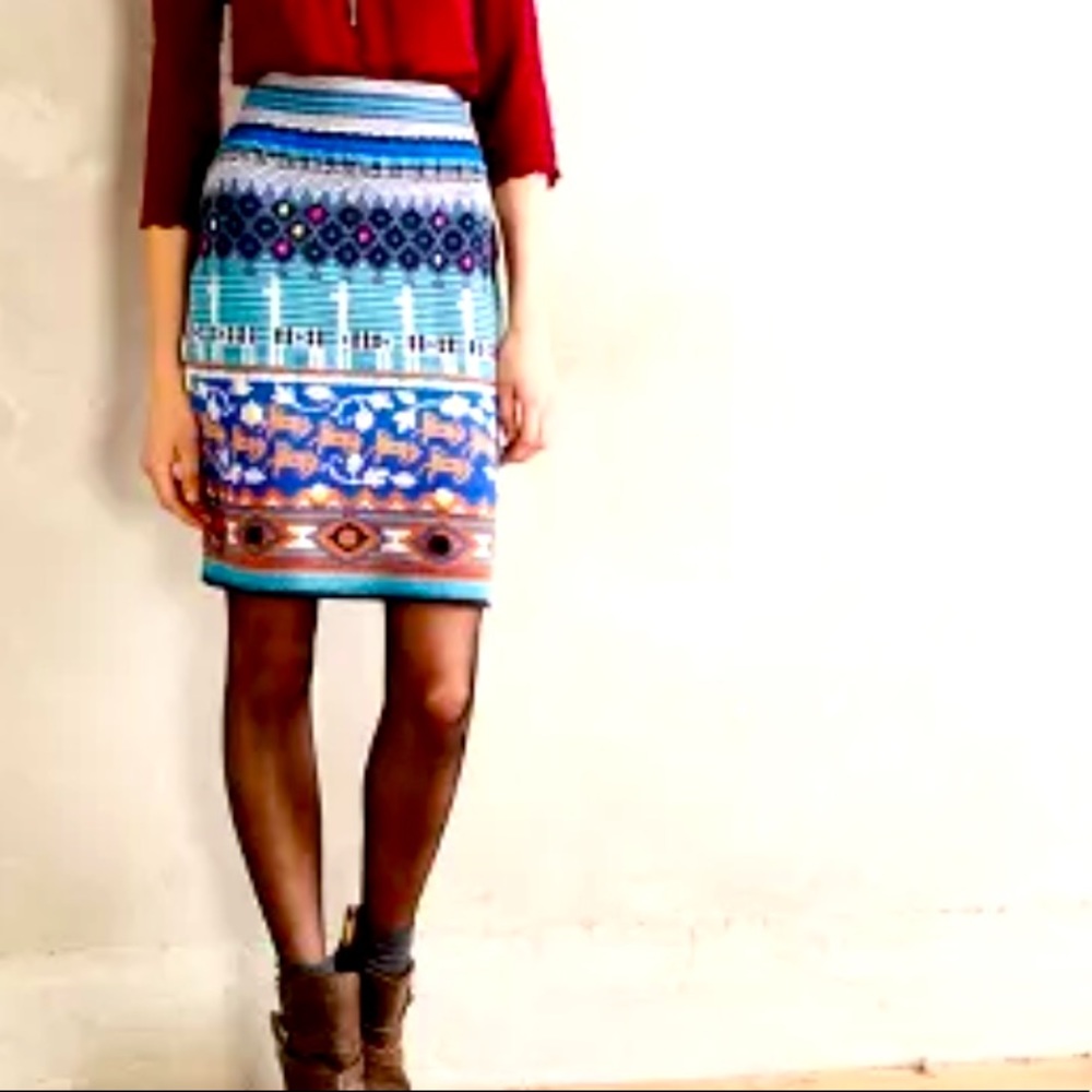 Anthropologie HWR Blue Multicolor Wool Llama Fair Isle Knit Pencil Skirt Sz S